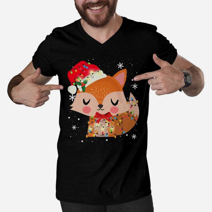 Cute Fox Christmas Light Xmas Mom Dad Gifts Men V-Neck Tshirt