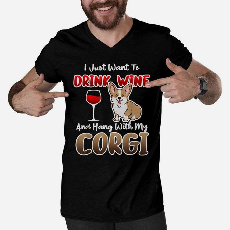 Drink Wine & Hang With Corgi Mom Dad Funny Lover Dog Crazy Men V-Neck Tshirt