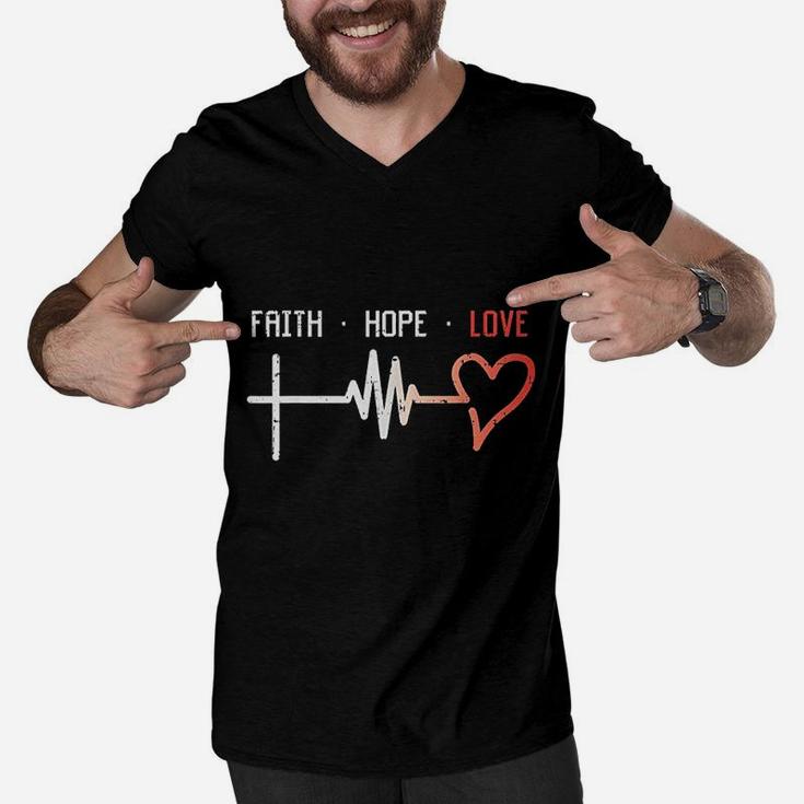 Faith Hope Love Cross Heartbeat God Jesus Christian Gift Men V-Neck Tshirt