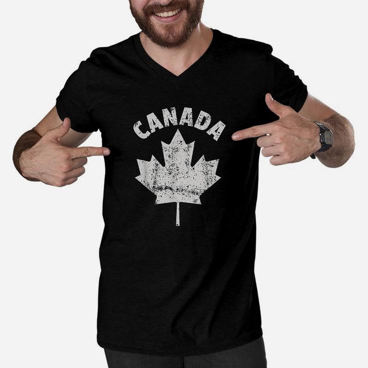 Flag Of Canada Fathers Day Canadian Leaf Vintage Men V-Neck Tshirt