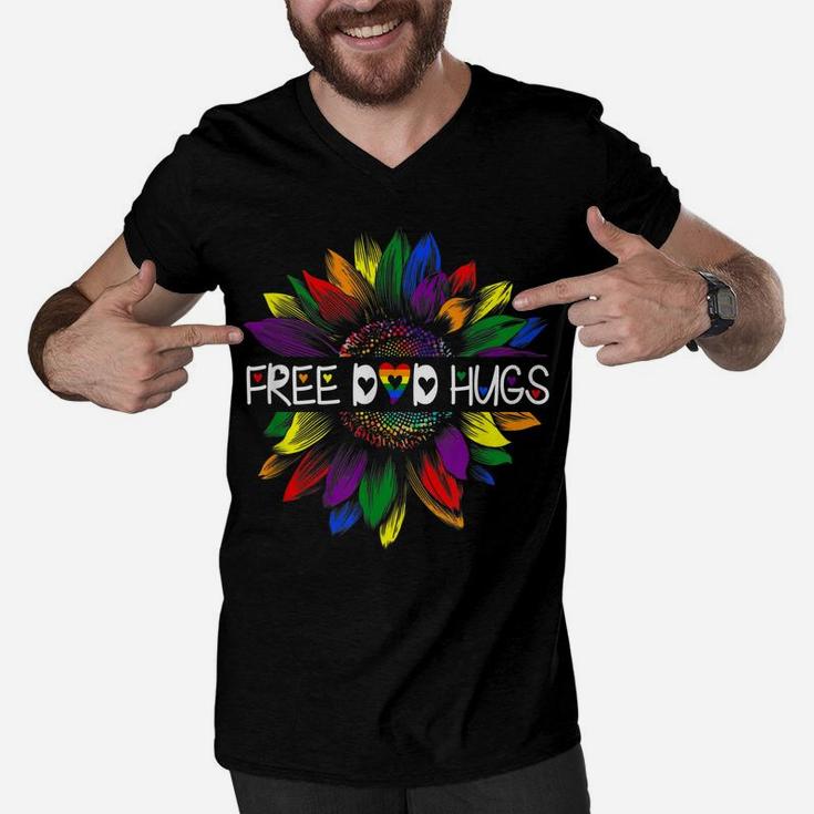 Free Dad Hugs Gay Pride Lgbt Daisy Rainbow Flower Hippie Men V-Neck Tshirt