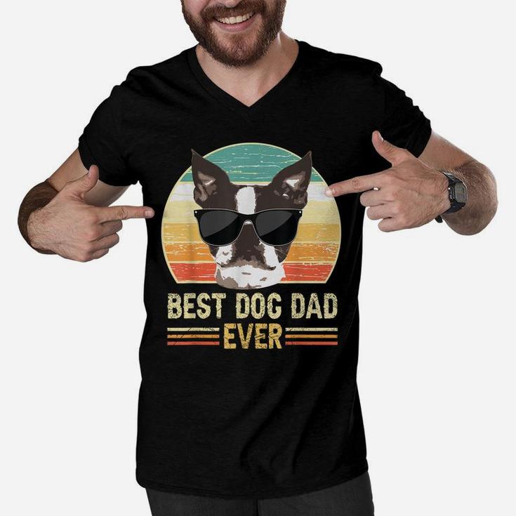 Funny Retro Best Dog Dad Ever Shirt, Dog With Sunglasses Men V-Neck Tshirt