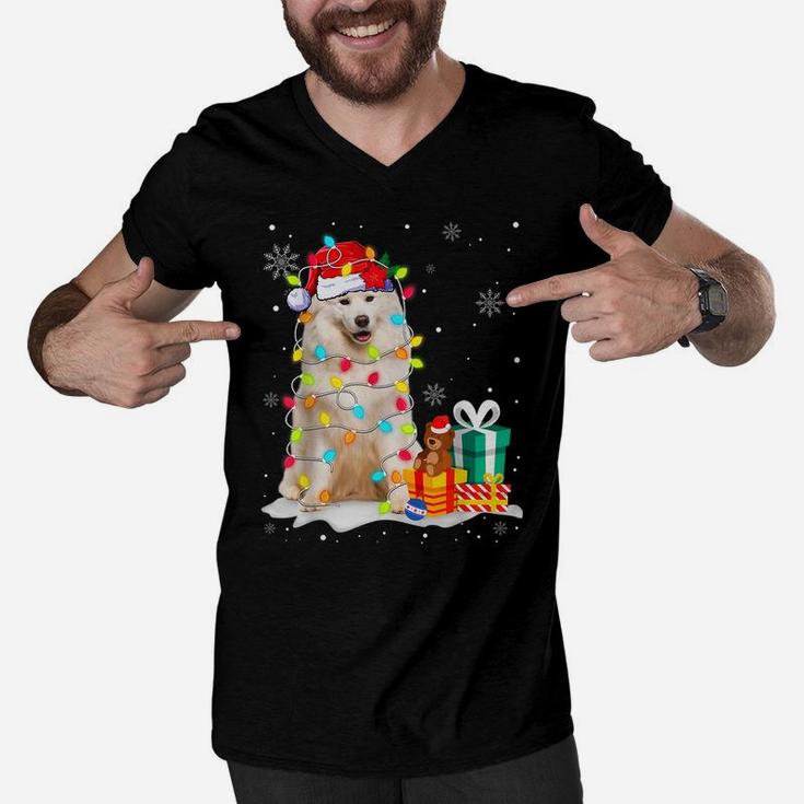 Funny Samoyed Christmas Light Dog Dad Dog Mom Men V-Neck Tshirt