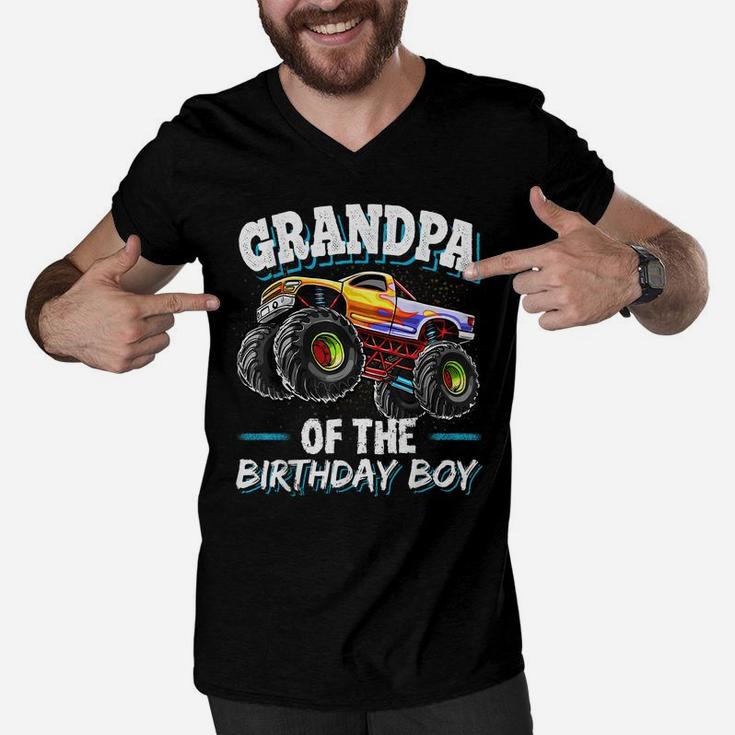Grandpa Of The Birthday Boy Monster Truck Birthday Party Men V-Neck Tshirt