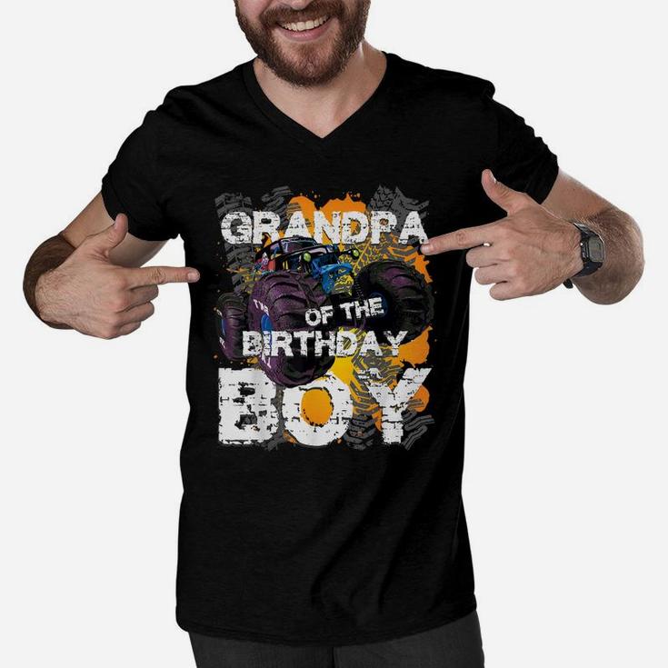 Grandpa Of The Birthday Boy Monster Truck Matching Family Men V-Neck Tshirt