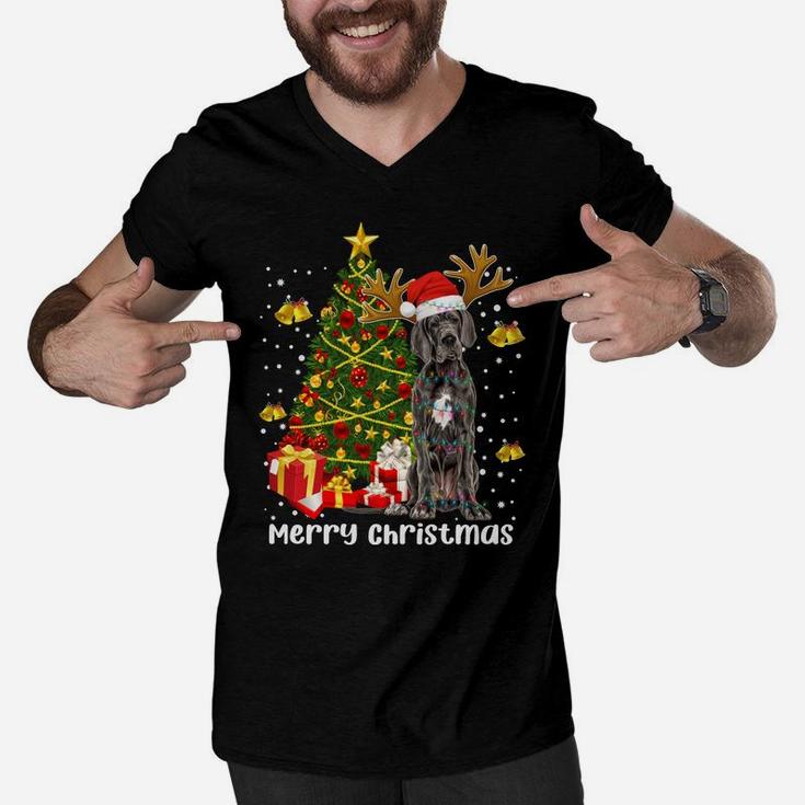 Great Dane Christmas Lights Tree Santa Xmas Pajamas Dog Dad Men V-Neck Tshirt