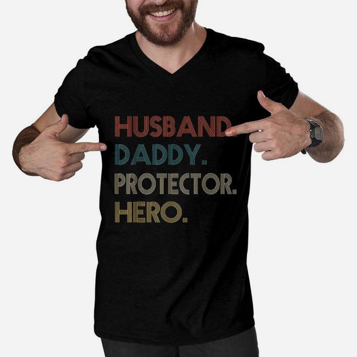 Husband Daddy Protector Hero Fathers Day Gift Dad Son Men V-Neck Tshirt