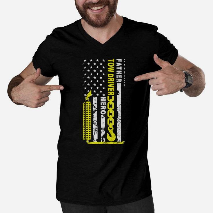 Husband Father Tow Driver Hero American Flag Gift Towing Dad Men V-Neck Tshirt