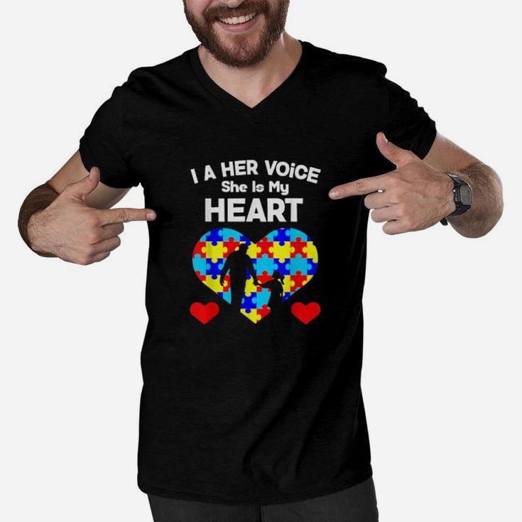 I Am Her Voice She Is My Heart Autism Awareness Dad Men V-Neck Tshirt