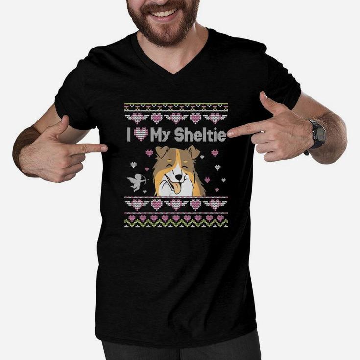 I Love My Sheltie Dog Ugly Happy Valentine Dad Mom Men V-Neck Tshirt