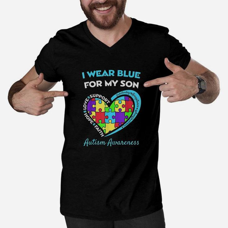 I Wear Blue For My Son Awareness Mom Dad Heart Puzzle Men V-Neck Tshirt