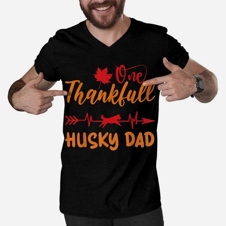 Men Heartbeat Thanksgiving One Thankful Husky Dad Dog Owner Men V-Neck Tshirt