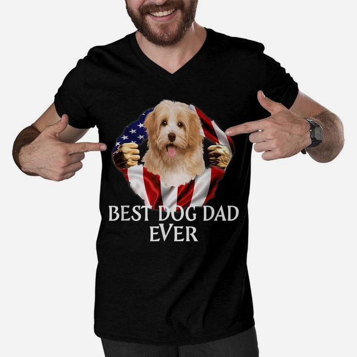 Mens Best Dog Dad Ever Cavachon Dog American Flag Men V-Neck Tshirt