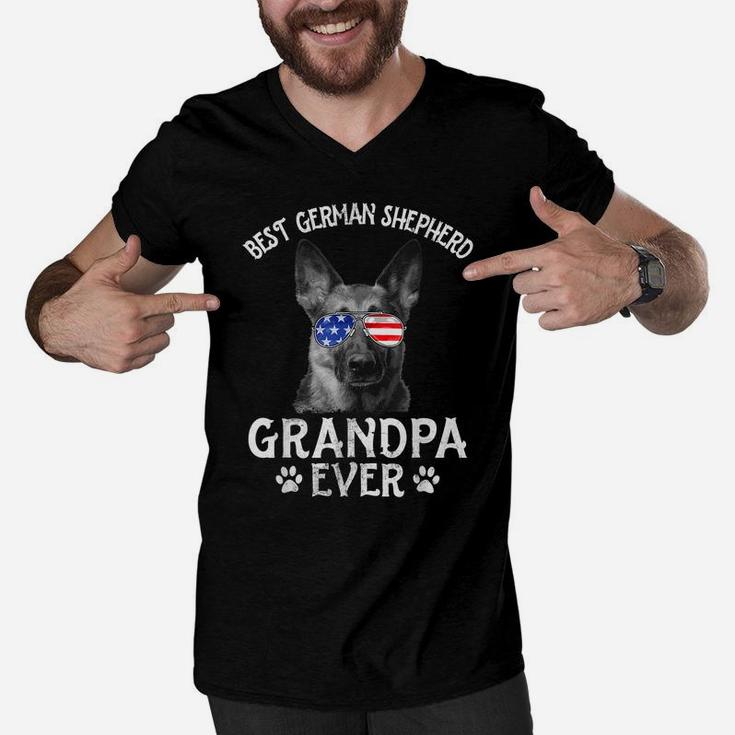 Mens Best German Shepherd Grandpa Ever American Flag 4Th Of July Men V-Neck Tshirt