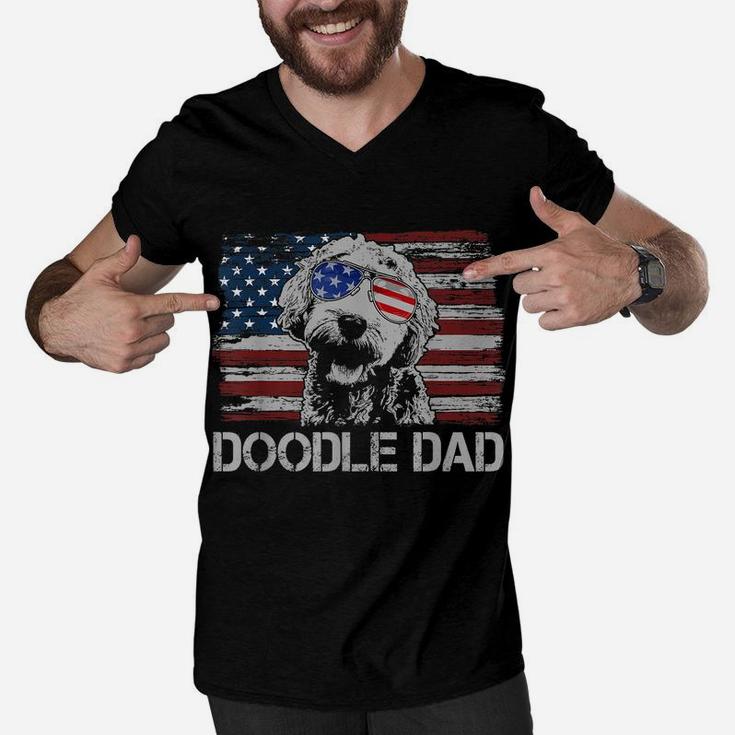 Mens Doodle Dad Goldendoodle Dog American Flag 4Th Of July Men V-Neck Tshirt