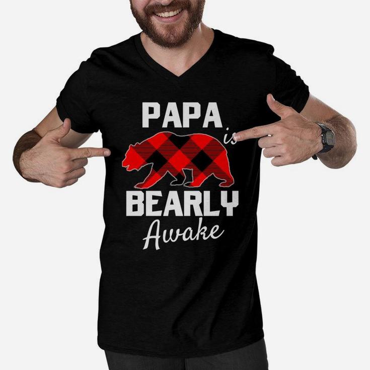 Mens Men Papa Bear Christmas Plaid Red Black Dad Pajamas Pjs Men V-Neck Tshirt