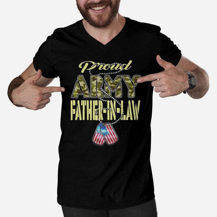Mens Proud Army Father-In-Law Us Flag Dog Tag Military Dad Gift Men V-Neck Tshirt