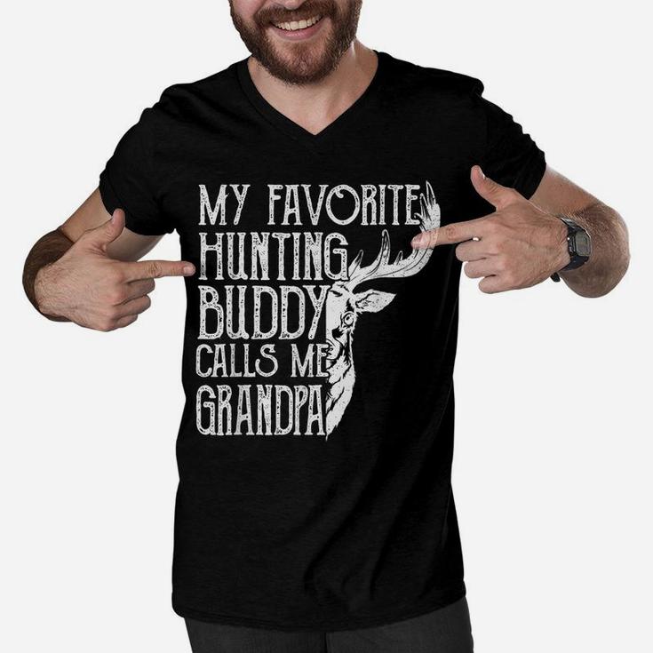 Mens Retro My Favorite Hunting Buddy Calls Me Grandpa Deer Hunter Men V-Neck Tshirt