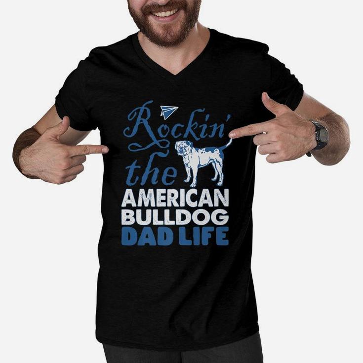Mens Rockin American Bulldog Dog Dad Life Father's Day Gift Men V-Neck Tshirt