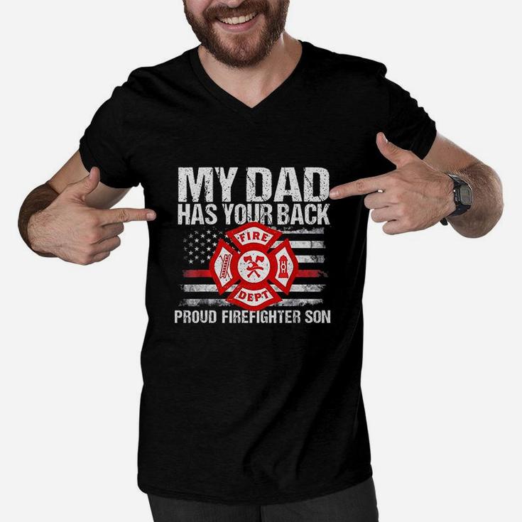 My Dad Has Your Back Firefighter Flag Family Son Gift Idea Men V-Neck Tshirt