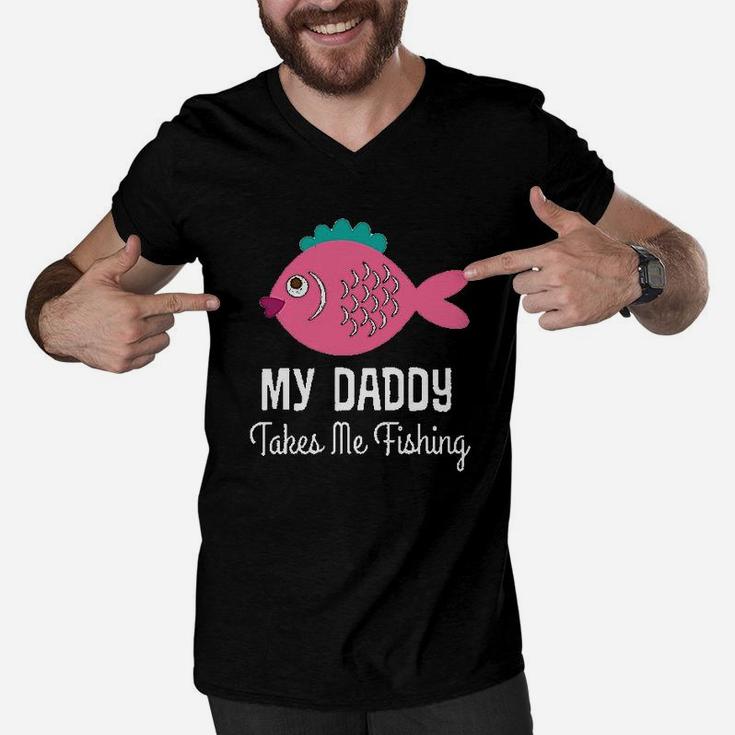 My Daddy Takes Me Fishing Girls Men V-Neck Tshirt