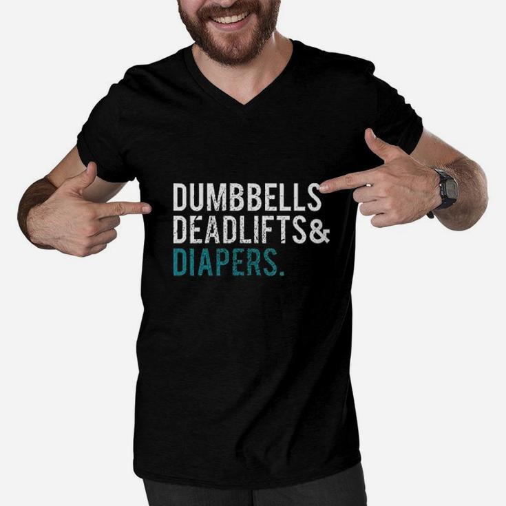 Original Dumbbells Deadlifts & Diapers Dad Men V-Neck Tshirt