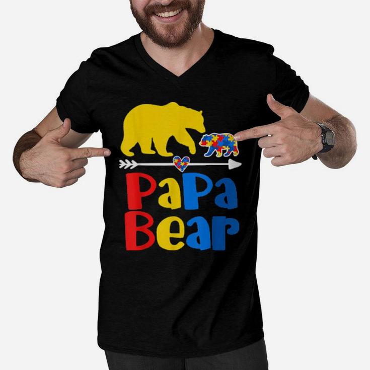 Papa Bear Puzzle Piece Autism Awareness Autism Mom Dad Men V-Neck Tshirt