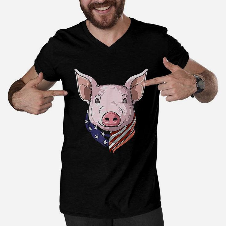 Patriotic Pig American 4th Of July Pig USA American Flag Men V-Neck Tshirt