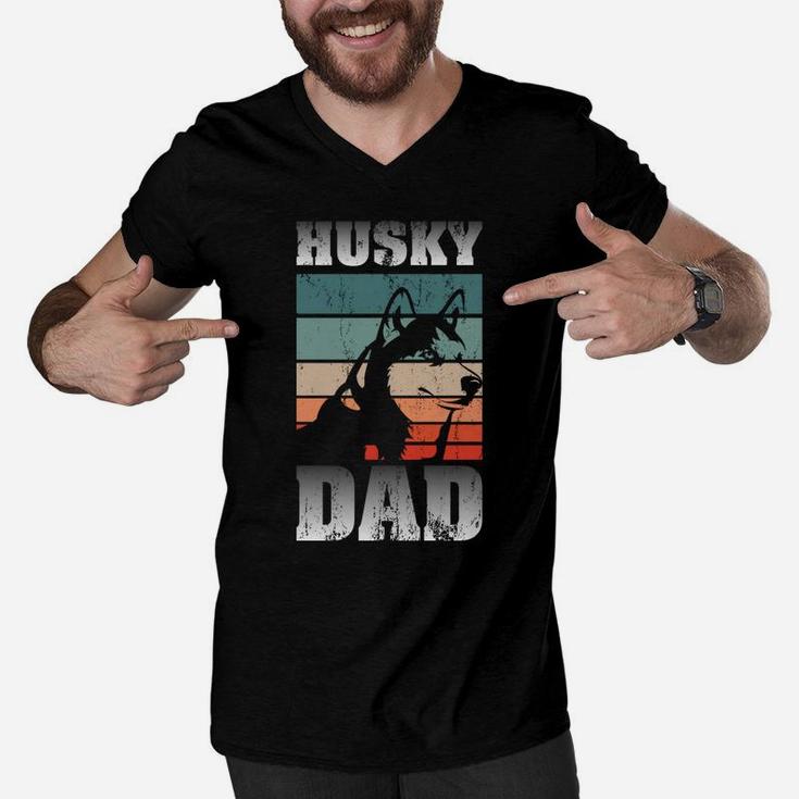 Pet Owner Men Husky Dad Fathers Day Dog Animal Retro Husky Men V-Neck Tshirt