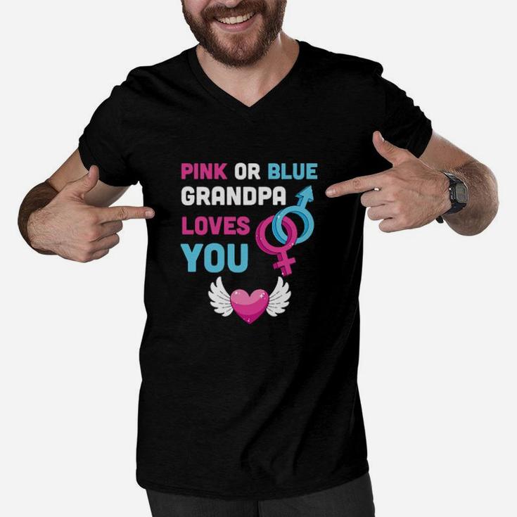 Pink Or Blue Grandpa Loves You Baby Gender Reveal Men V-Neck Tshirt