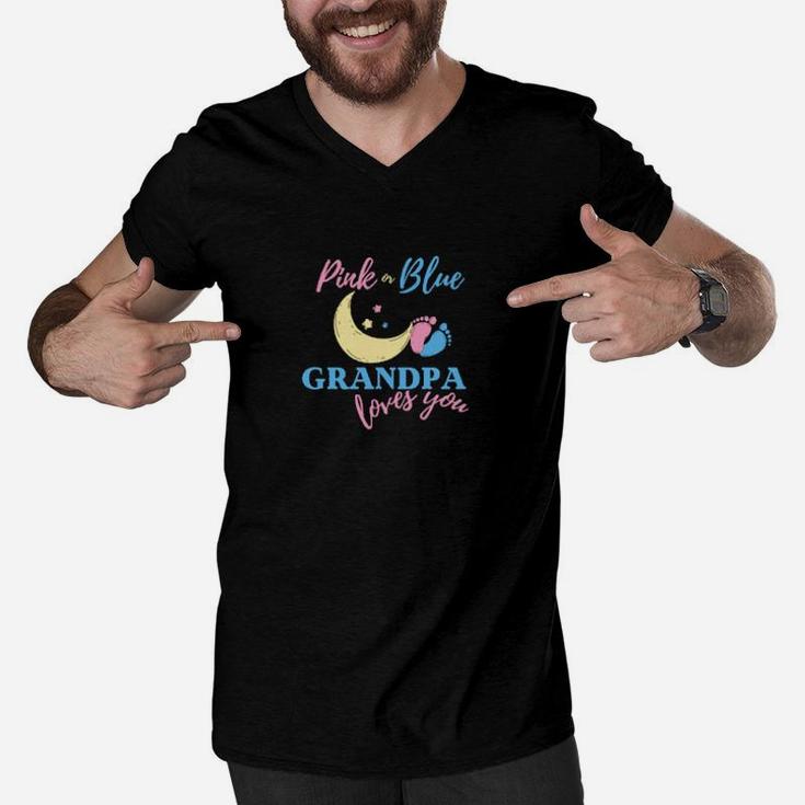 Pink Or Blue Grandpa Loves You Gender Reveal For Grandfather Men V-Neck Tshirt