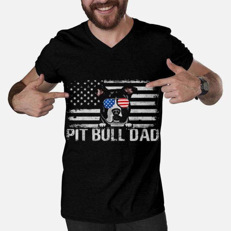 Pit Bull Dad American Flag 4Th Of July Patriotic Men V-Neck Tshirt