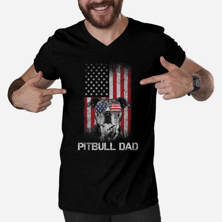 Pitbull American Flag 4Th Of July Pitbull Dad Dog Lover Men V-Neck Tshirt