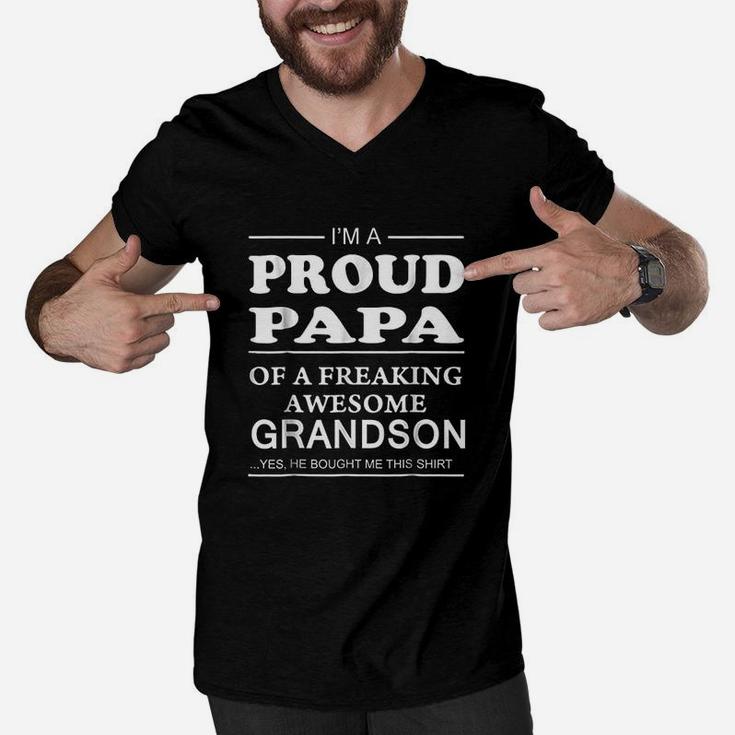 Proud Papa Of A Freaking Awesome Grandson Grandpa Men V-Neck Tshirt