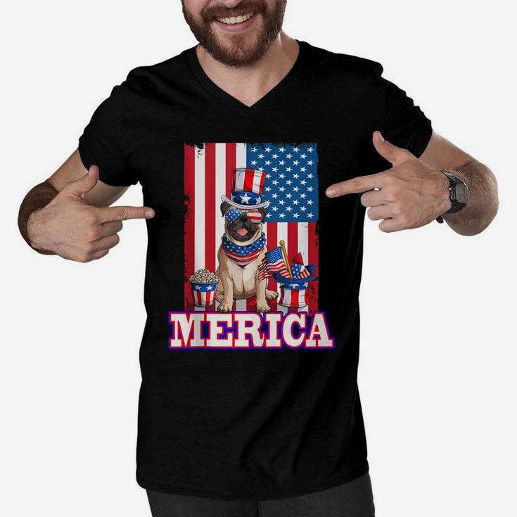 Pug Dad Mom 4Th Of July American Flag Merica Dog Men V-Neck Tshirt