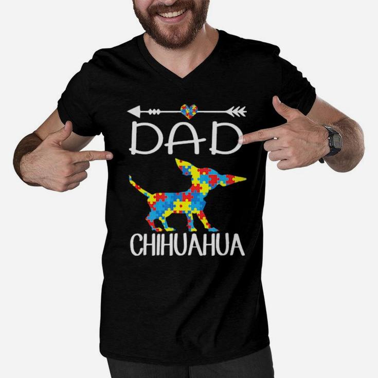 Puzzle Heart Dad Chihuahua Autism Awareness Gift Men V-Neck Tshirt