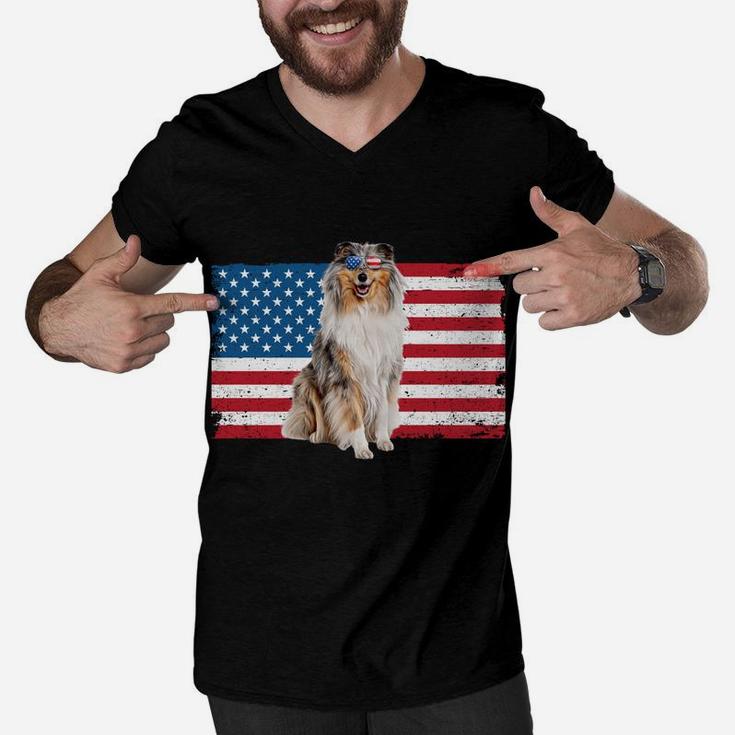 Rough Collie Dad American Flag Collie Dog Lover Owner Funny Sweatshirt Men V-Neck Tshirt