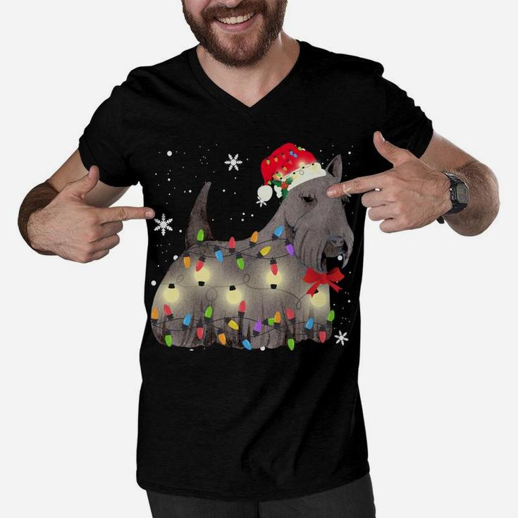 Scottish Terrier Dog Christmas Light Xmas Mom Dad Gifts Men V-Neck Tshirt