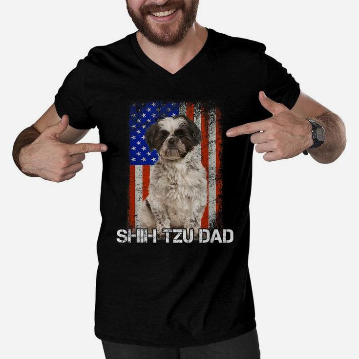 Shih Tzu Dog Dad Father Day American Flag Men V-Neck Tshirt
