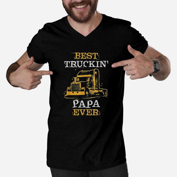Trucking Papa Slogan Semi Big Rig Truck Driver Dad Saying Men V-Neck Tshirt