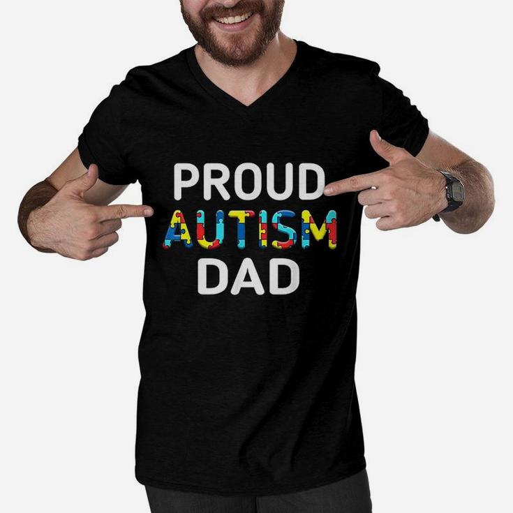 Unique Proud Dad Colored Puzzle Pieces Awareness Men V-Neck Tshirt