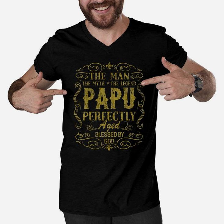 Vintage Papu The Man Myth Fathers Day Grandpa Gift For Men Men V-Neck Tshirt