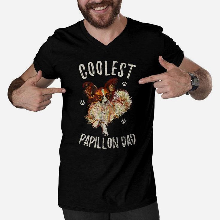 Vintage Retro Coolest Papillon Dad Funny Puppy Owner Lover Men V-Neck Tshirt
