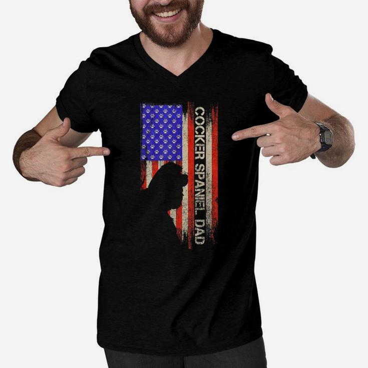 Vintage Usa American Flag Cocker Spaniel Dog Dad Silhouette Men V-Neck Tshirt