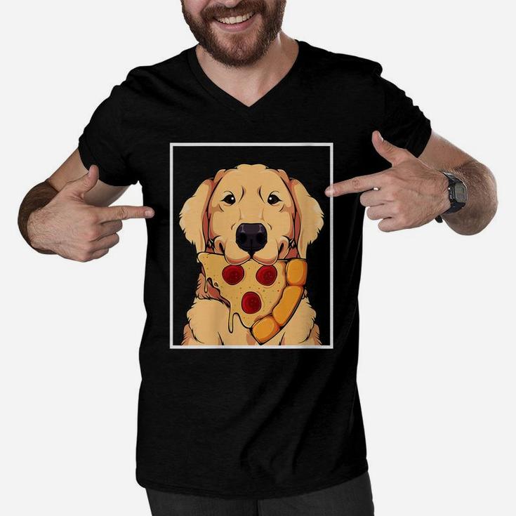 Womens Golden Retriever Dog Eating Pizza Labrador Mom Dad Fast Food Men V-Neck Tshirt