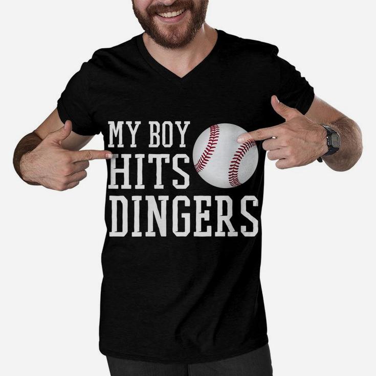 Womens My Boy Hits Dingers Proud Baseball Mom & Dad I Hit Dingers Men V-Neck Tshirt