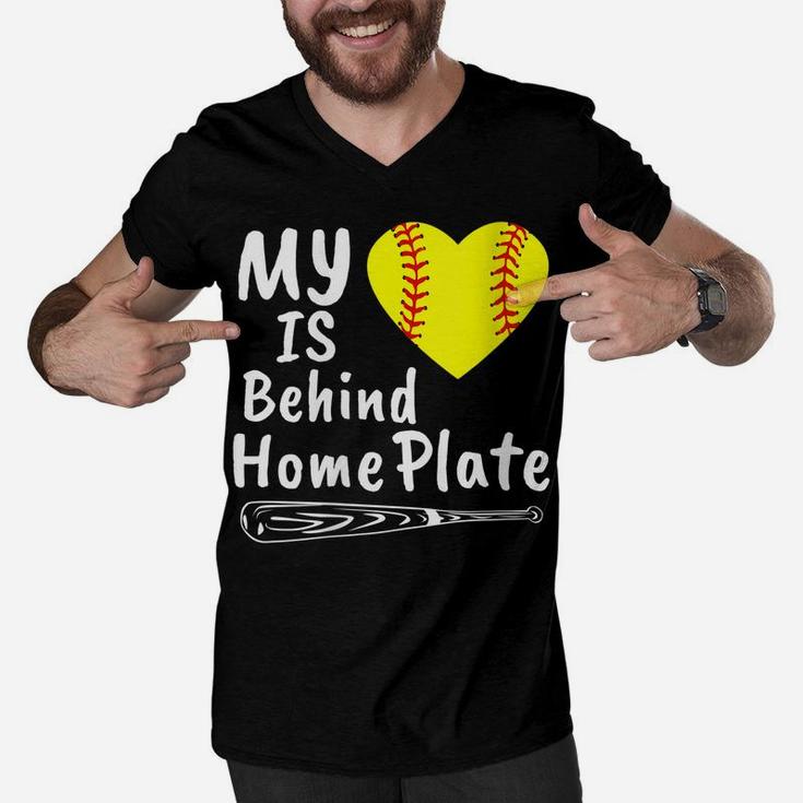 Womens My Heart Is Behind Home Plate Softball Proud Mom Dad Gift Men V-Neck Tshirt