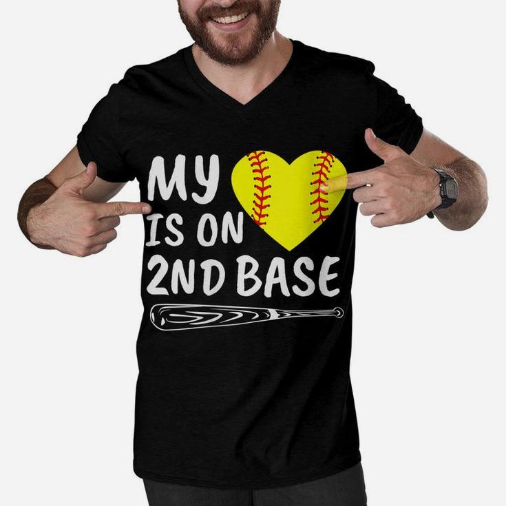 Womens My Heart Is On 2Nd Base Softball Bat Proud Mom Dad Gift Men V-Neck Tshirt
