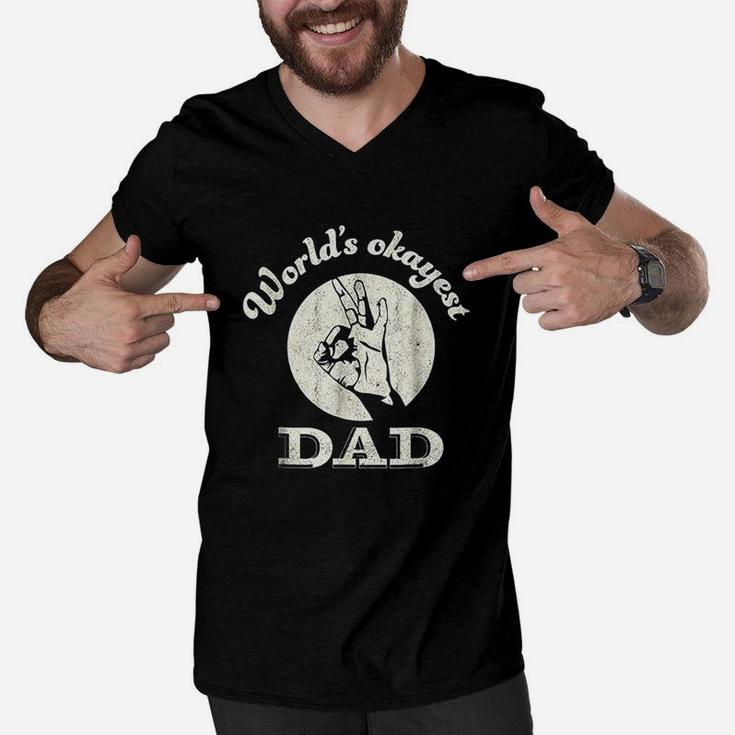 Worlds Okayest Dad  Fathers Day Funny Men V-Neck Tshirt