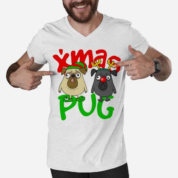 Cute Christmas Pugs Owner Pug Lover Xmas Dog Dad Dog Mom Men V-Neck Tshirt